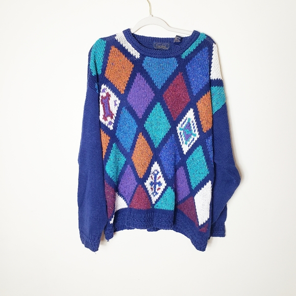 Vintage Sweaters - Vintage 80s colorful argyle grandpa sweater